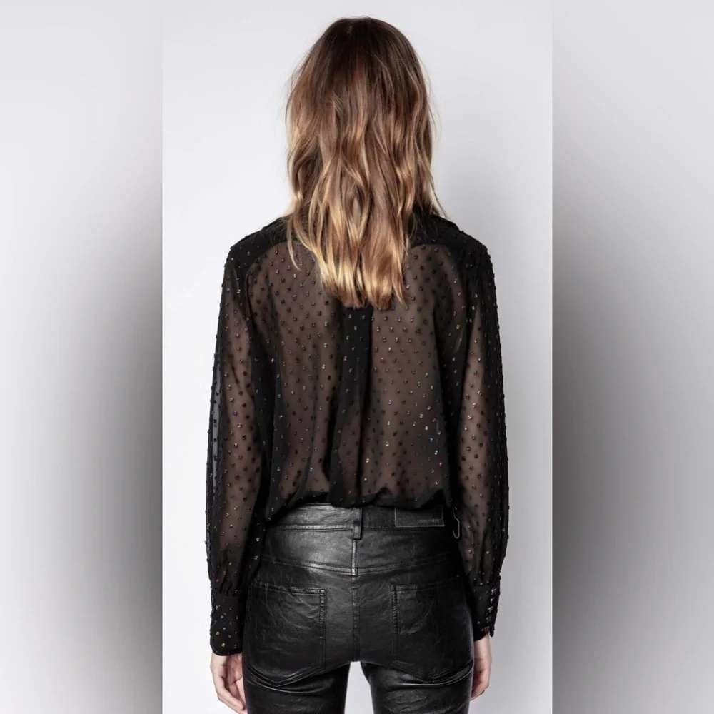 Zadig & Voltaire Twin Mousseline Swiss Dot Ruffle Blouse Black WJCP3514F Small - Picture 2 of 12